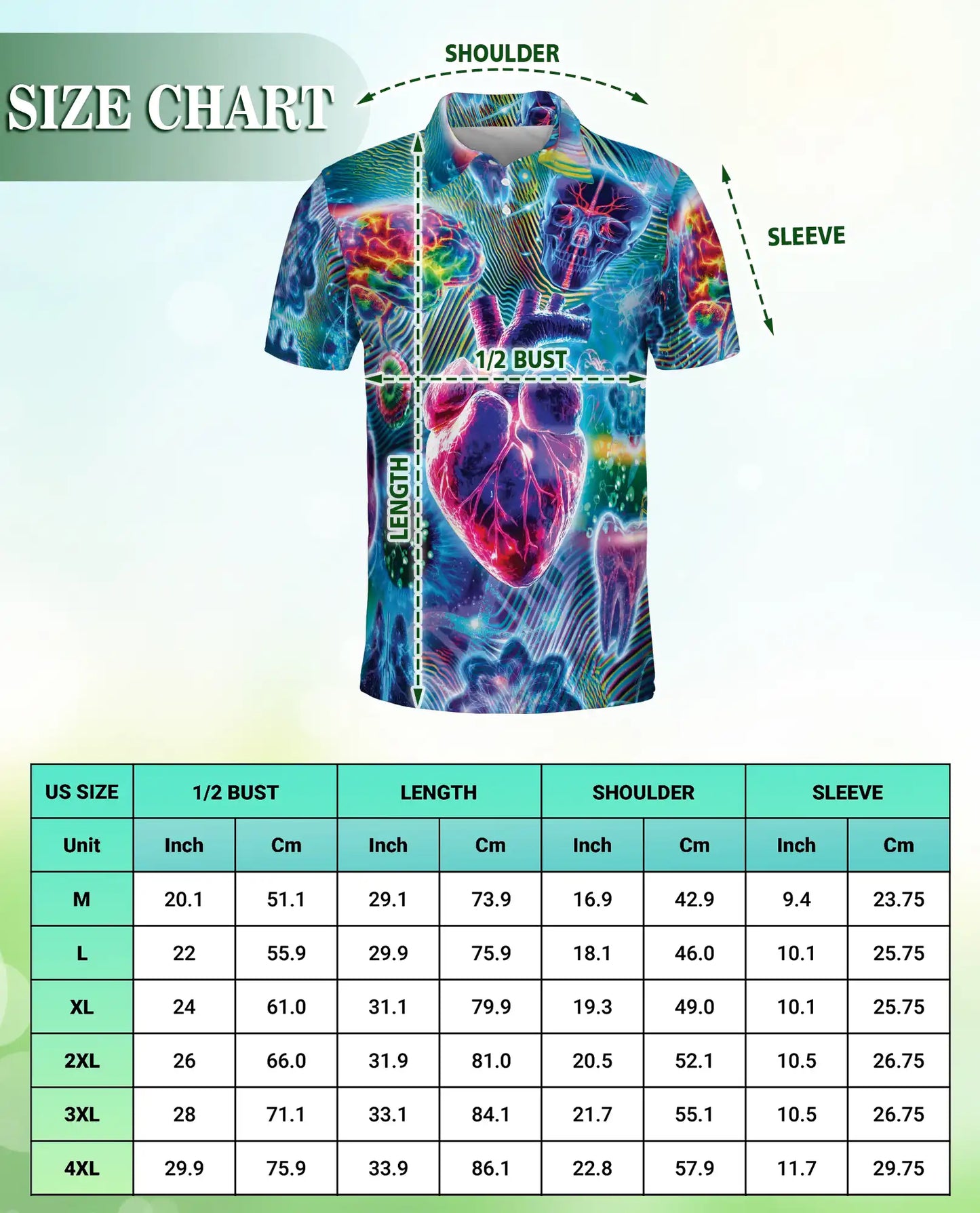 Medical  Polo Shirt, Neon Brain Heart Skull Design | Azhawaiian