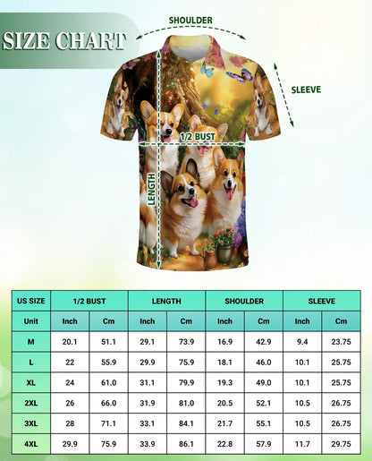 Cute Corgi Garden 3D Polo Shirt for Men, Fantasy Dog Nature Style | Azhawaiian