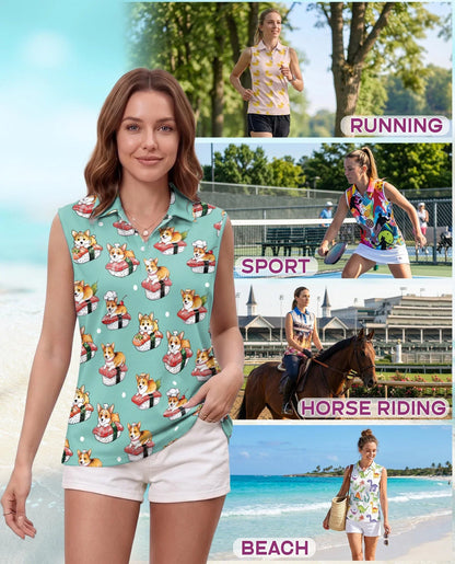 Sushi Corgi Sleeveless Polo Shirt for Women | Azhawaiian