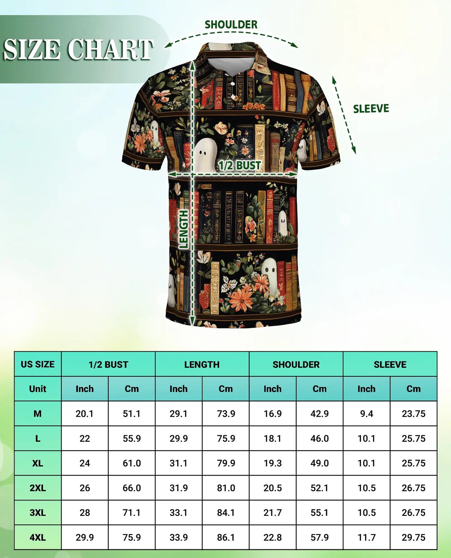 Ghost Library 3D Polo Shirt for Men, Vintage Floral Bookcase Style | Azhawaiian