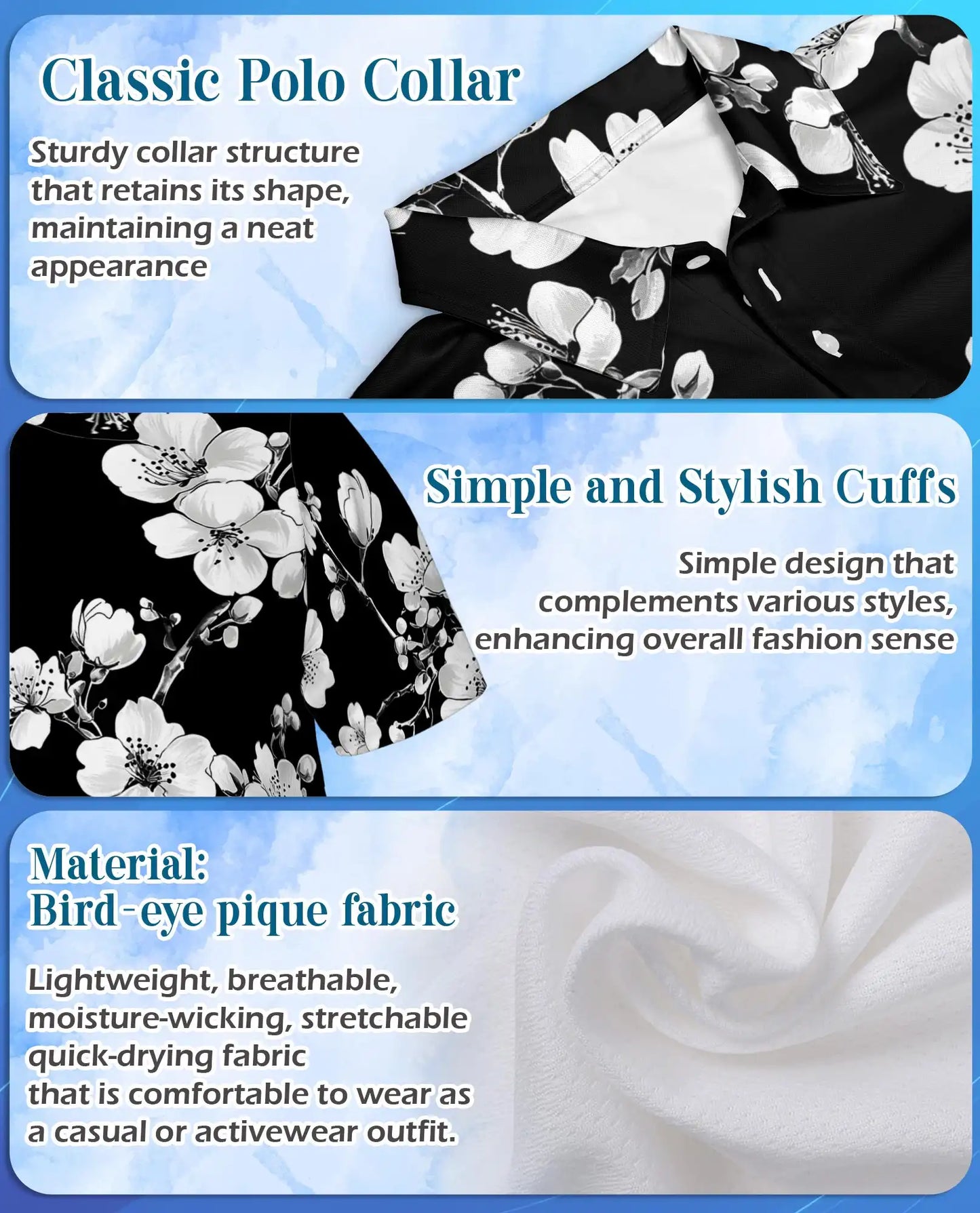 Monochrome Cherry Blossom Polo Shirt - Elegant Floral Style | Azhawaiian