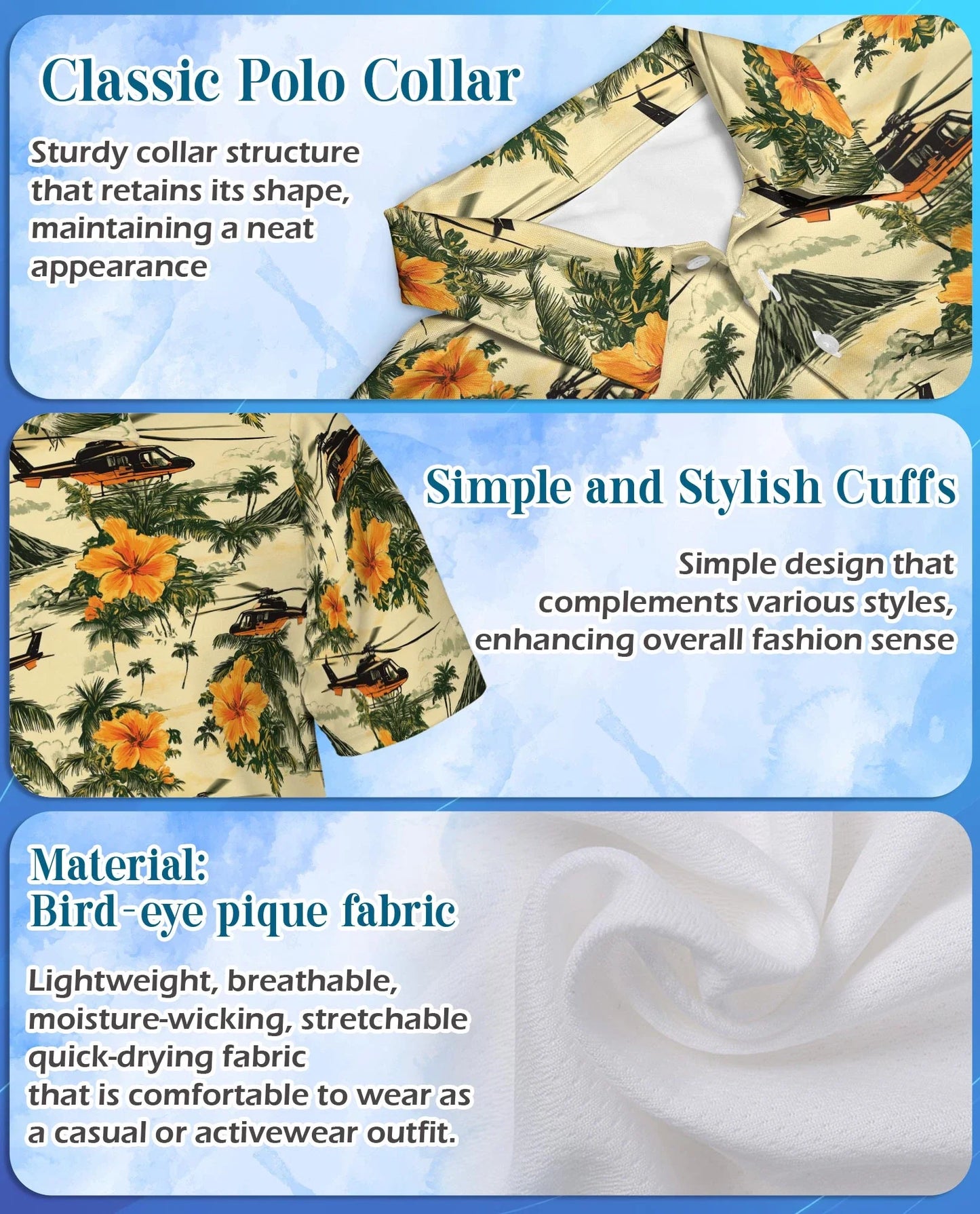 Helicopter Tropical Polo Shirt for Men, Island Aviation Style | Azhawaiian