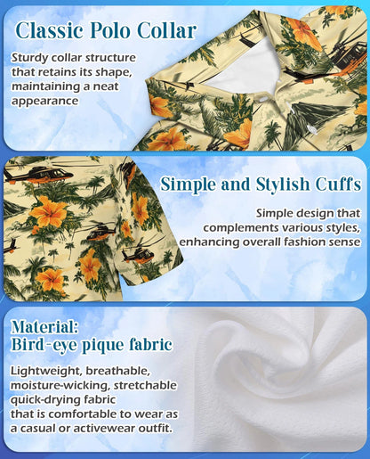 Helicopter Tropical Polo Shirt for Men, Island Aviation Style | Azhawaiian