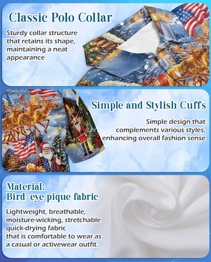 Patriotic Christmas Santa 3D Polo Shirt for Men, USA Holiday Winter Style | Azhawaiian