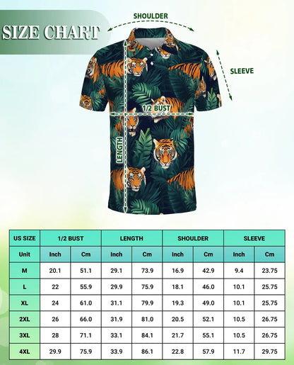 Tiger Jungle 3D Polo Shirt for Men, Wild Animal Tropical Leaf Style | Azhawaiian