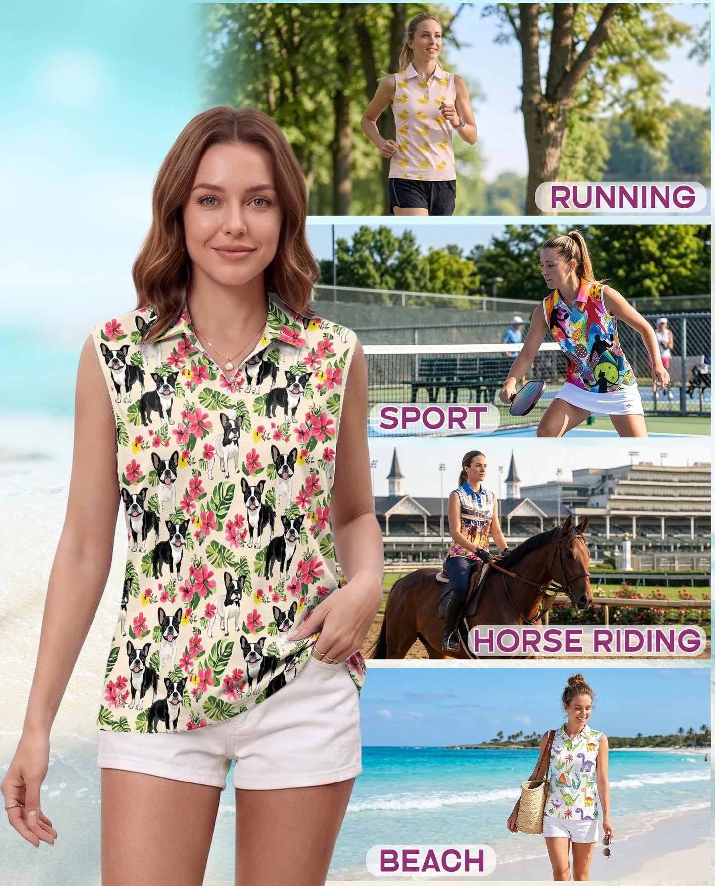 Boston Terrier Floral Sleeveless Polo Shirt for Women, Cute Dog Style | Azhawaiian