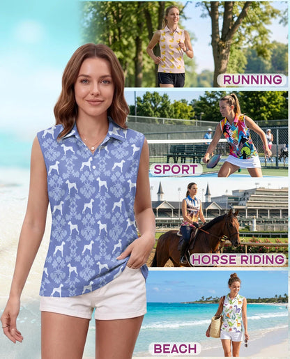 Boxer Dog Damask Pattern Sleeveless Polo Shirt for Women