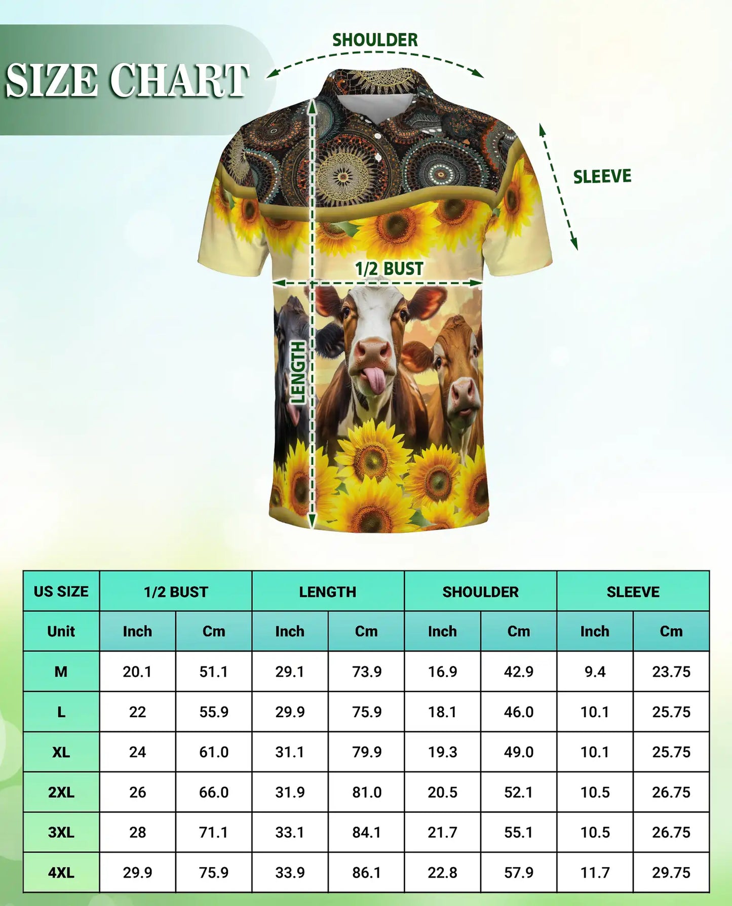 Cow Sunflower Polo Shirt, Rustic Farm Print | Azhawaiian