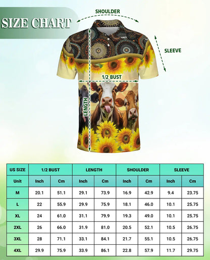 Cow Sunflower Polo Shirt, Rustic Farm Print | Azhawaiian