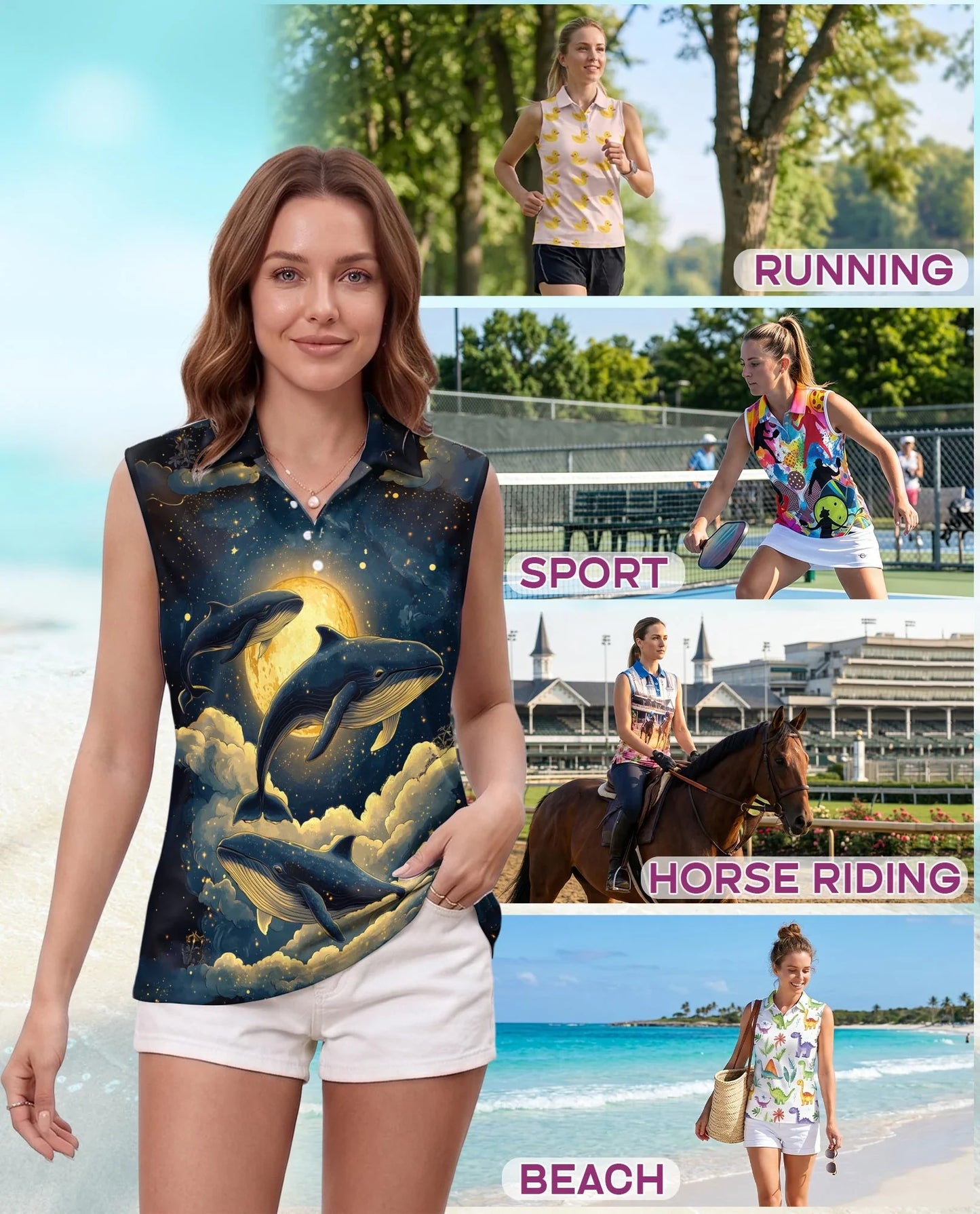 Midnight Whale Sleeveless Polo Shirt for Women | Azhawaiian