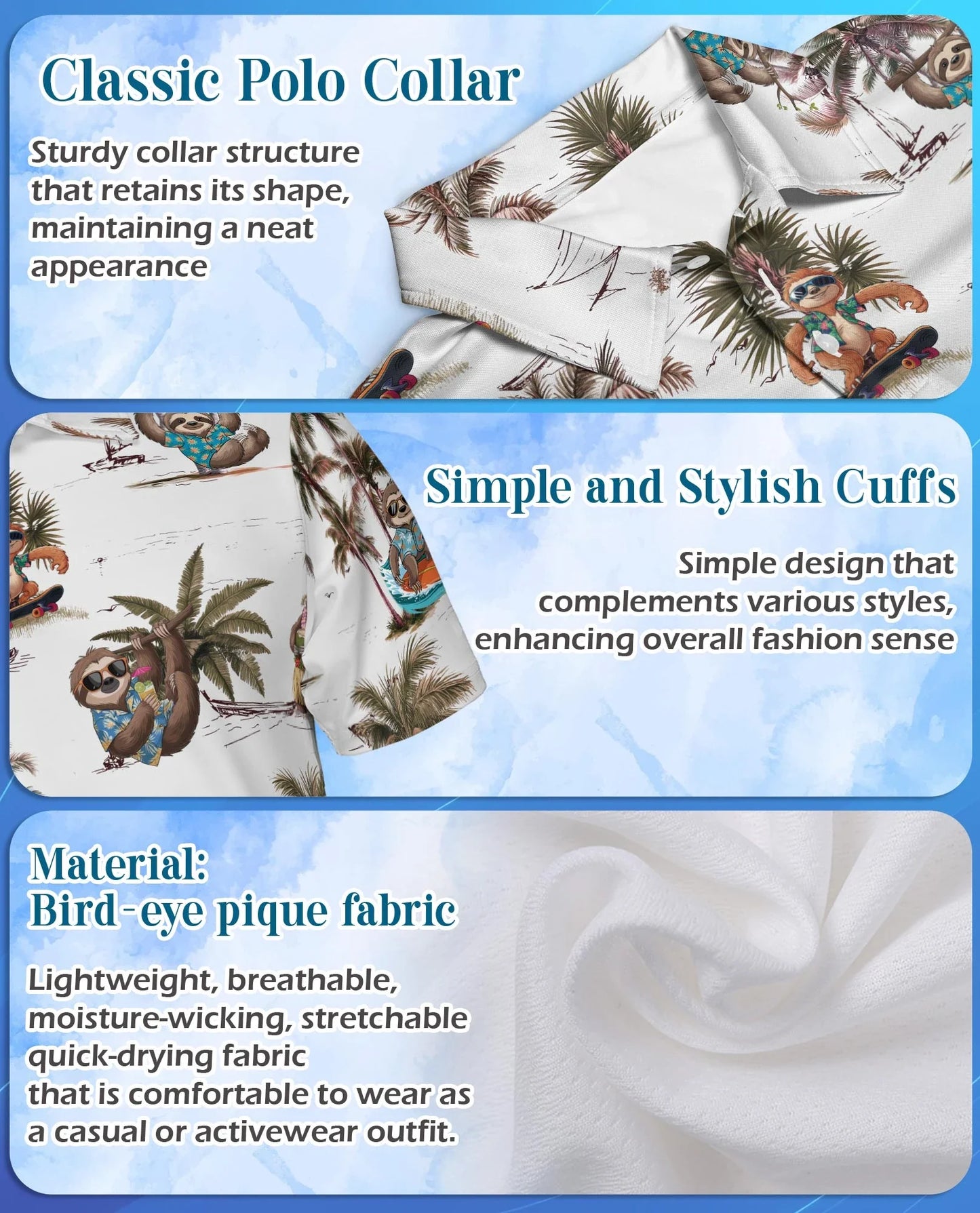 Funny Sloth Summer Beach Polo Shirt for Men, Tropical Animal Style | Azhawaiian