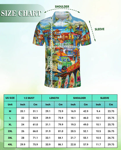 Tropical Surf Town 3D Polo Shirt for Men, Colorful Beach Vacation Style | Azhawaiian