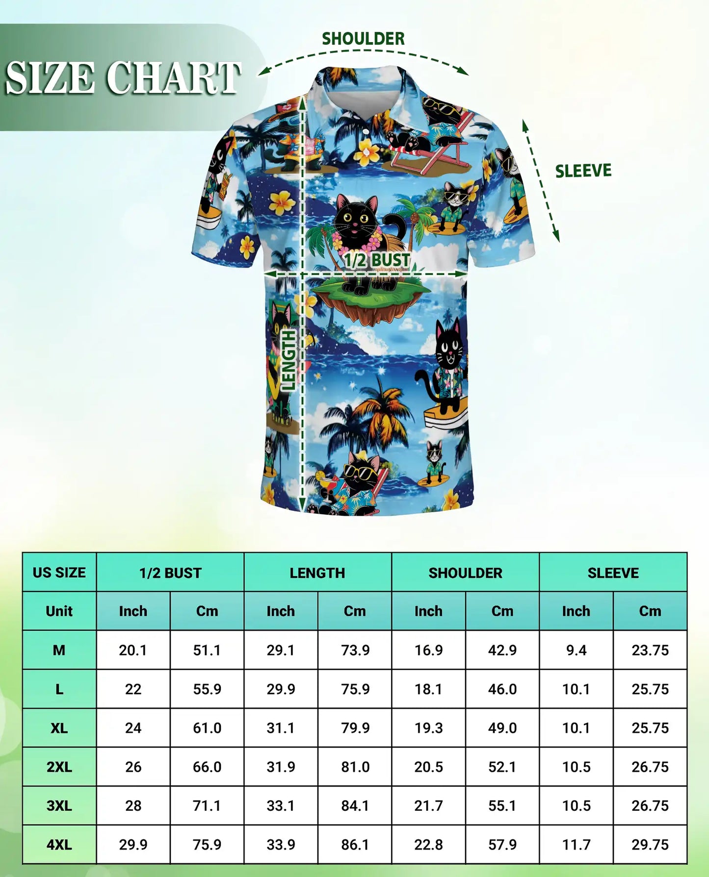 Tropical Black Cat 3D Polo Shirt for Men, Hawaiian Beach Cartoon Style | Azhawaiian