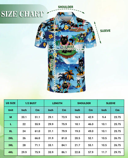 Tropical Black Cat 3D Polo Shirt for Men, Hawaiian Beach Cartoon Style | Azhawaiian
