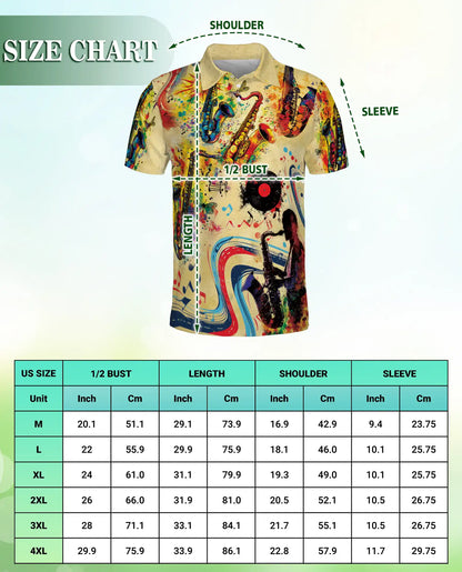 Saxophone Music 3D Polo Shirt for Men, Jazz Retro Art Style | Azhawaiian