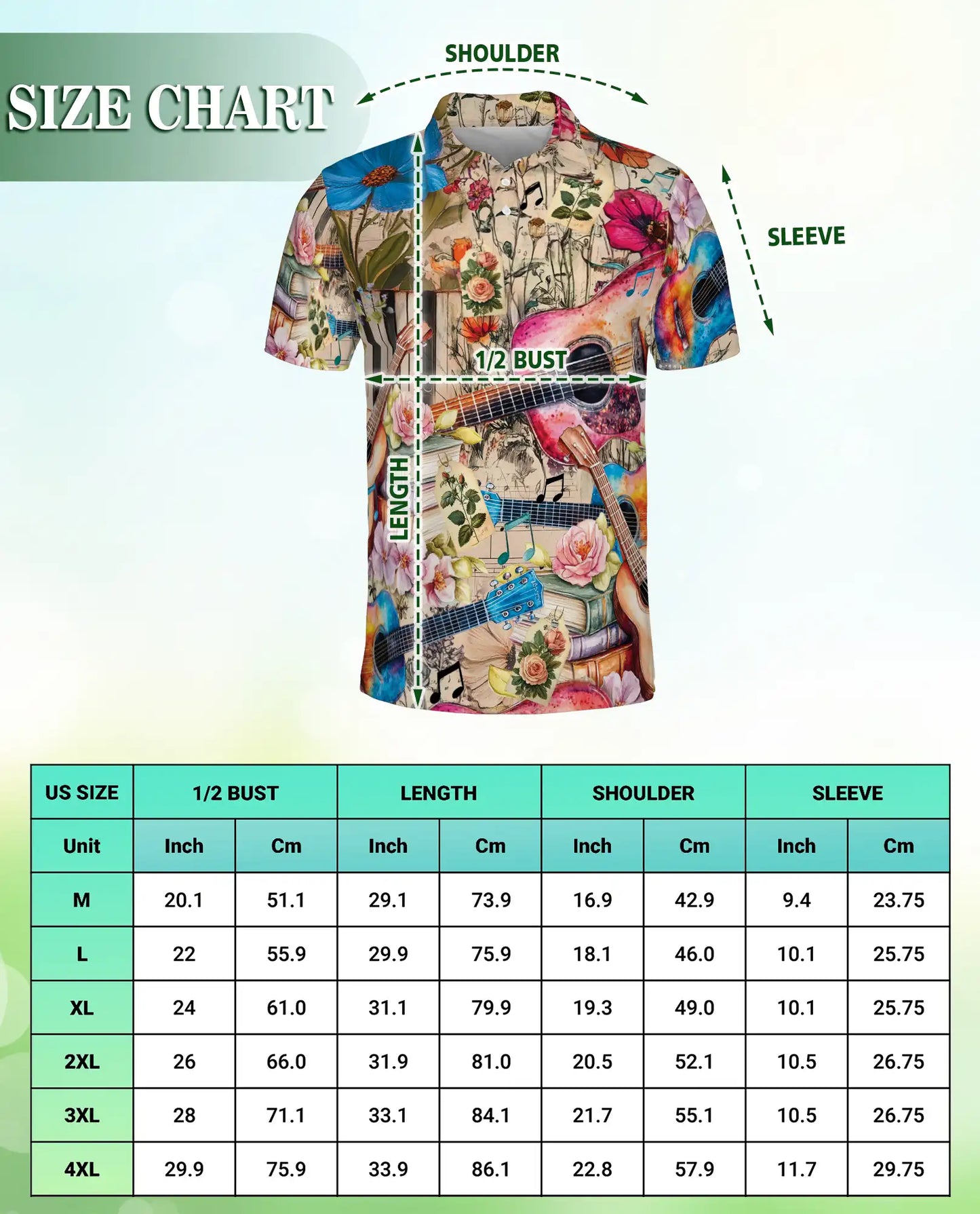 Acoustic Guitar Polo Shirt, Floral Music Art Print | Azhawaiian