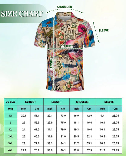 Acoustic Guitar Polo Shirt, Floral Music Art Print | Azhawaiian
