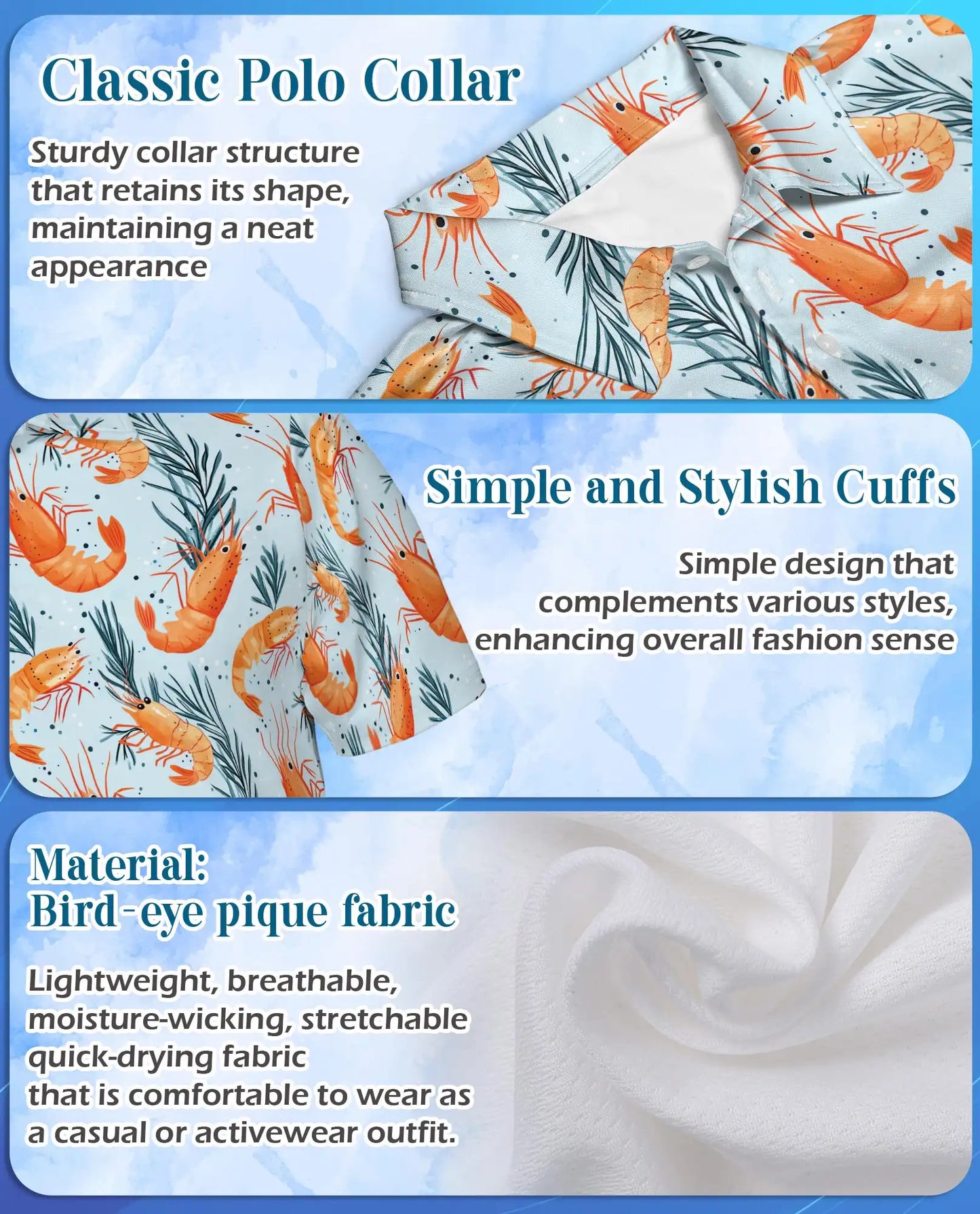 Tropical Shrimp Polo Shirt for Men - Coastal Seafood Hawaiian Summer | Azhawaiian