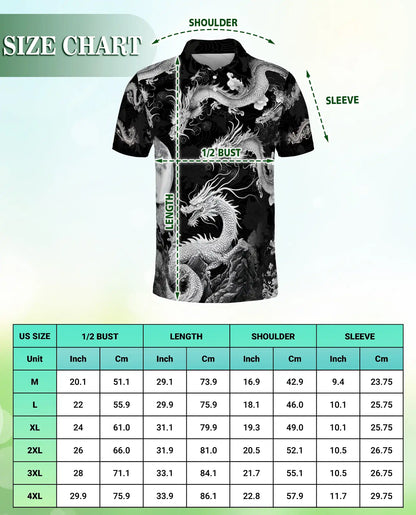 Black White Asian Dragon 3D Polo Shirt for Men, Monochrome Fantasy Style | Azhawaiian
