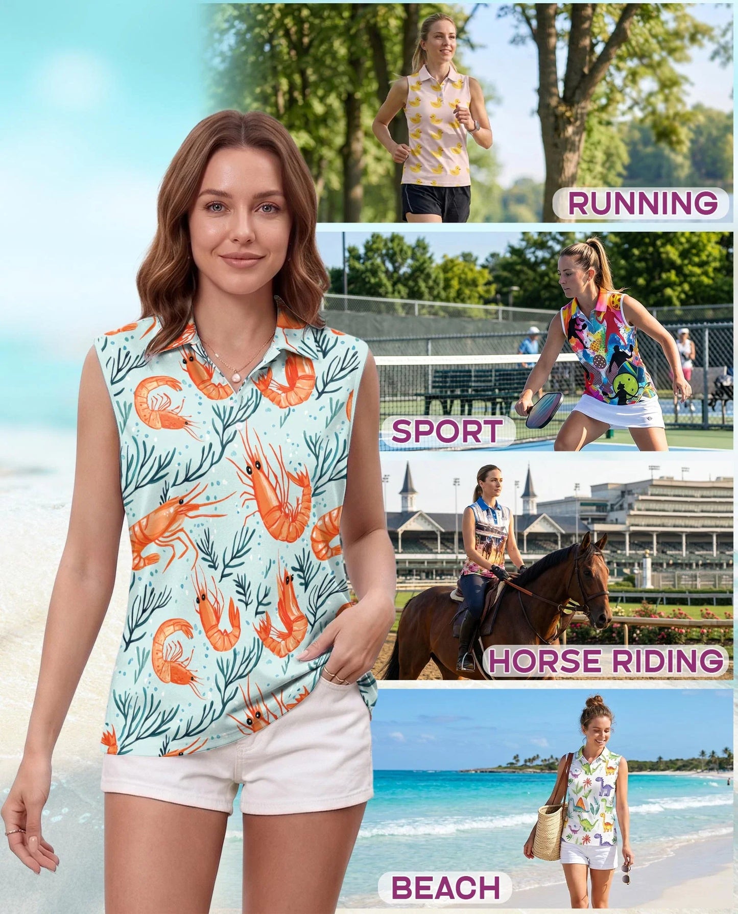 Shrimp Print Sleeveless Polo Shirt for Women | Azhawaiian
