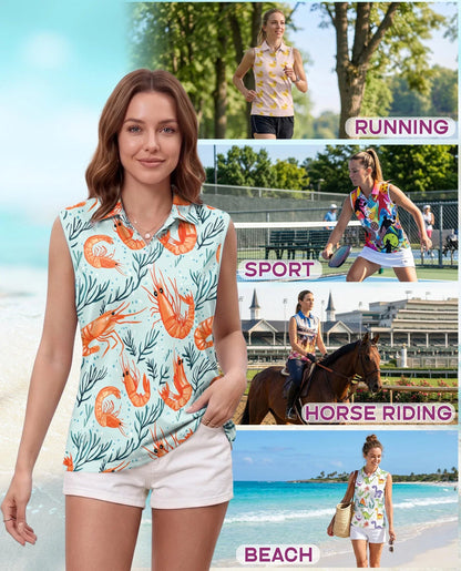 Shrimp Print Sleeveless Polo Shirt for Women | Azhawaiian