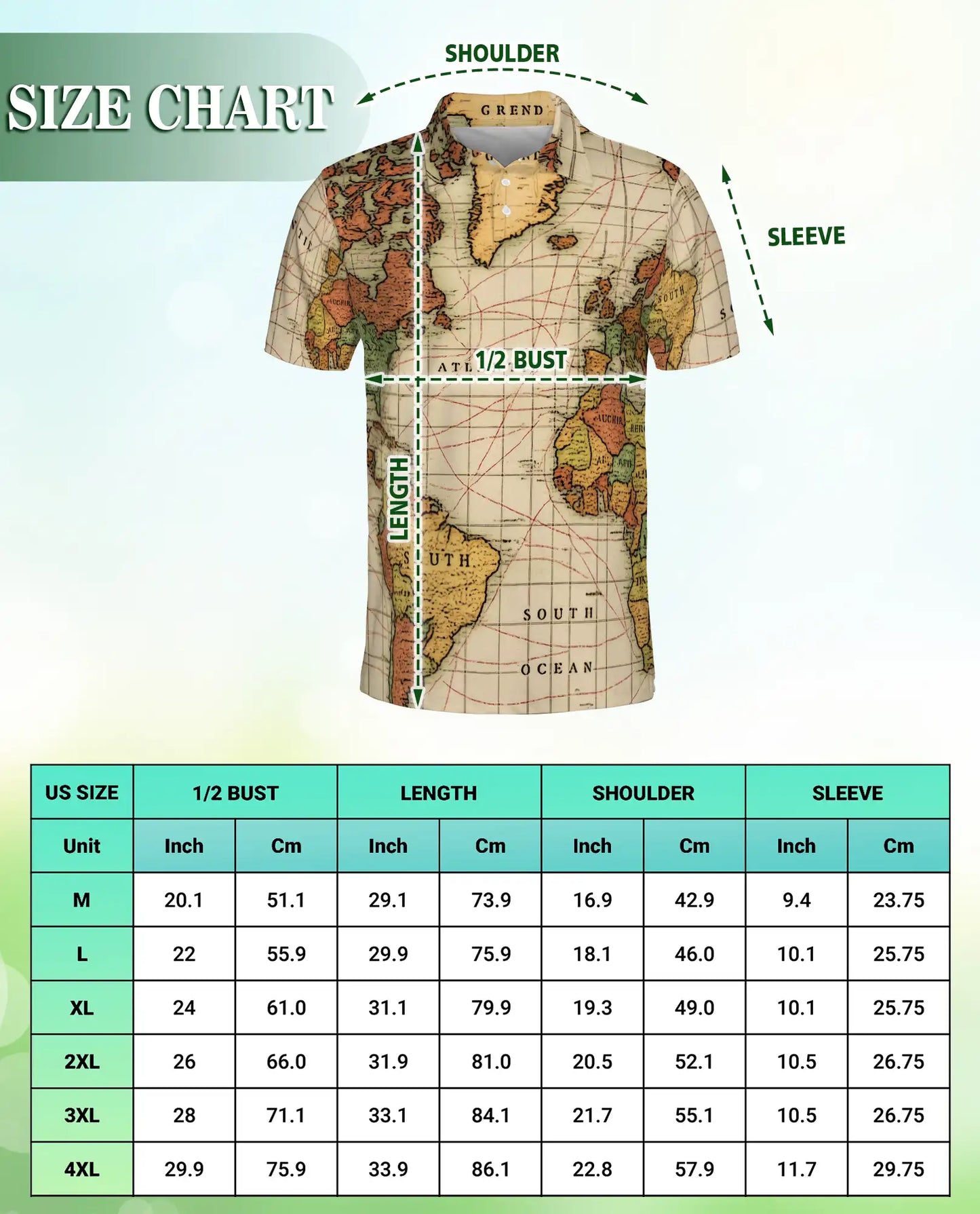 Vintage World Map Polo Shirt-Antique Nautical Atlas Print Travel Theme | Azhawaiian