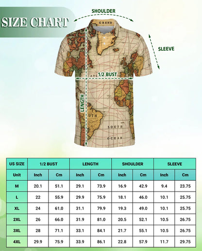 Vintage World Map Polo Shirt-Antique Nautical Atlas Print Travel Theme | Azhawaiian
