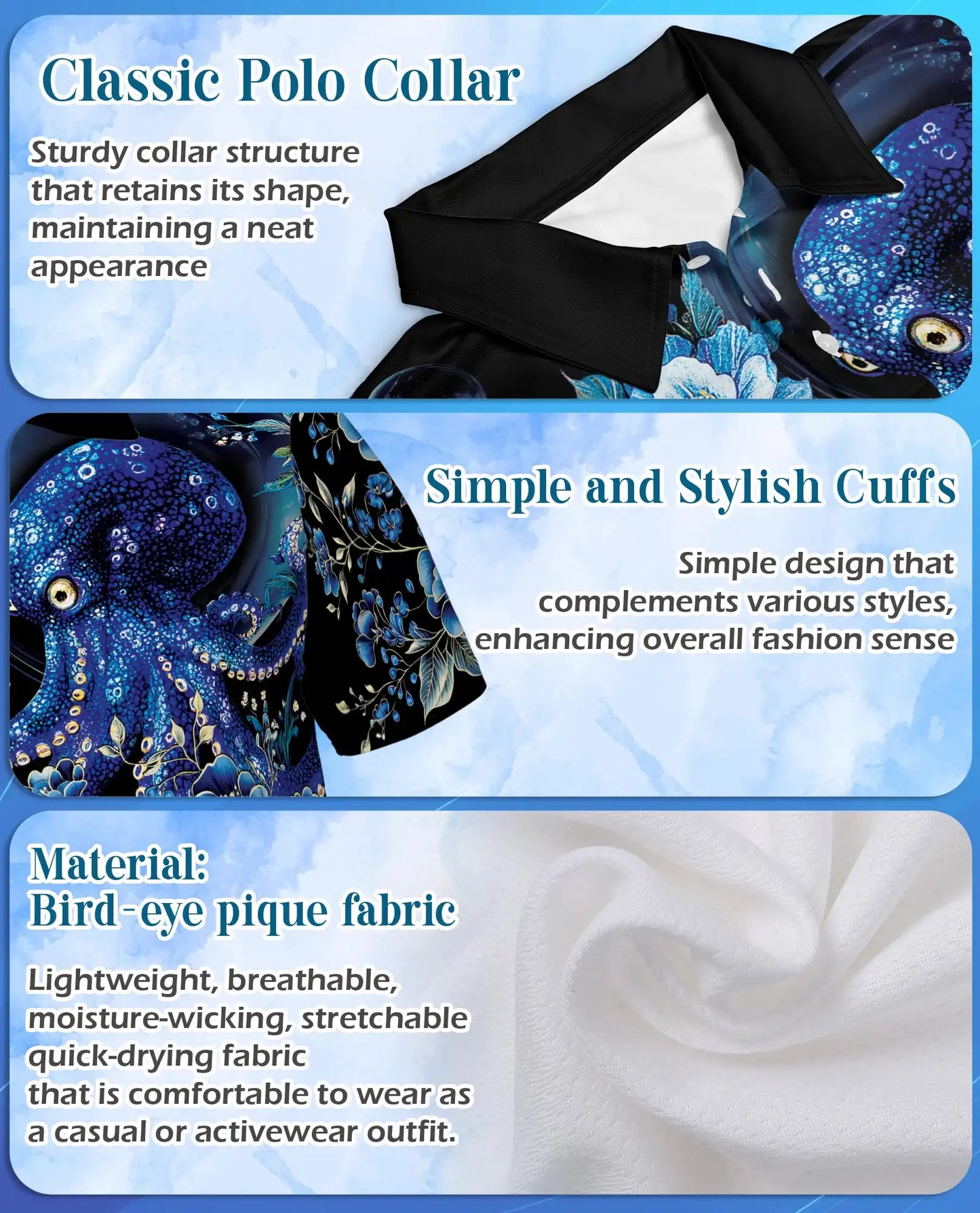 Blue Octopus Polo Shirt - Floral Ocean Fantasy Marine Art Design | Azhawaiian
