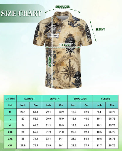 Pirate Captain 3D Polo Shirt for Men, Skull Compass Nautical Style | Azhawaiian