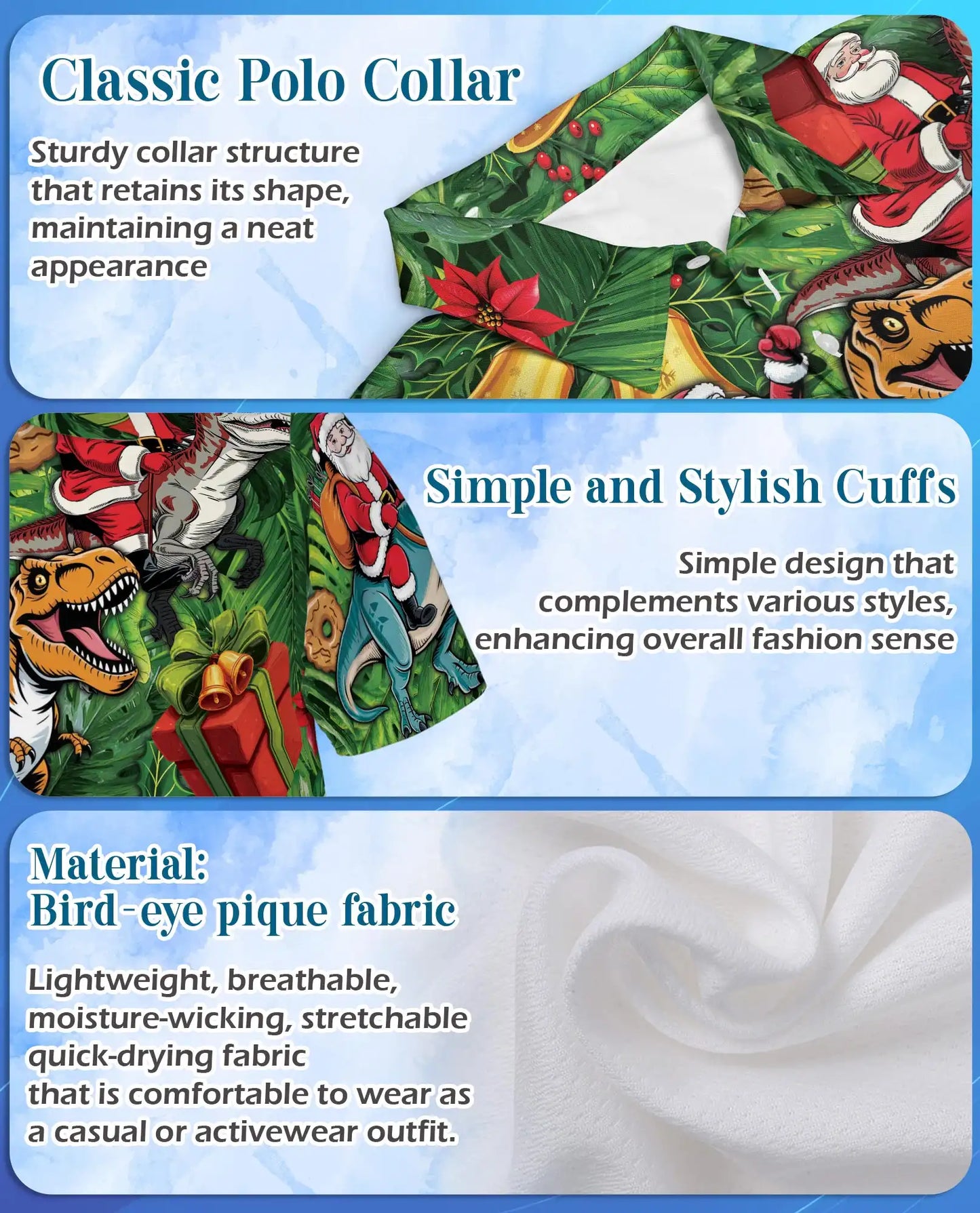 Christmas Dinosaur 3D Polo Shirt for Men, Funny Santa T Rex Holiday Style | Azhawaiian