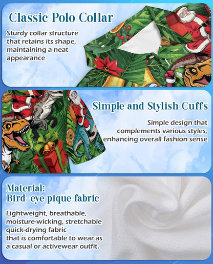 Christmas Dinosaur 3D Polo Shirt for Men, Funny Santa T Rex Holiday Style | Azhawaiian