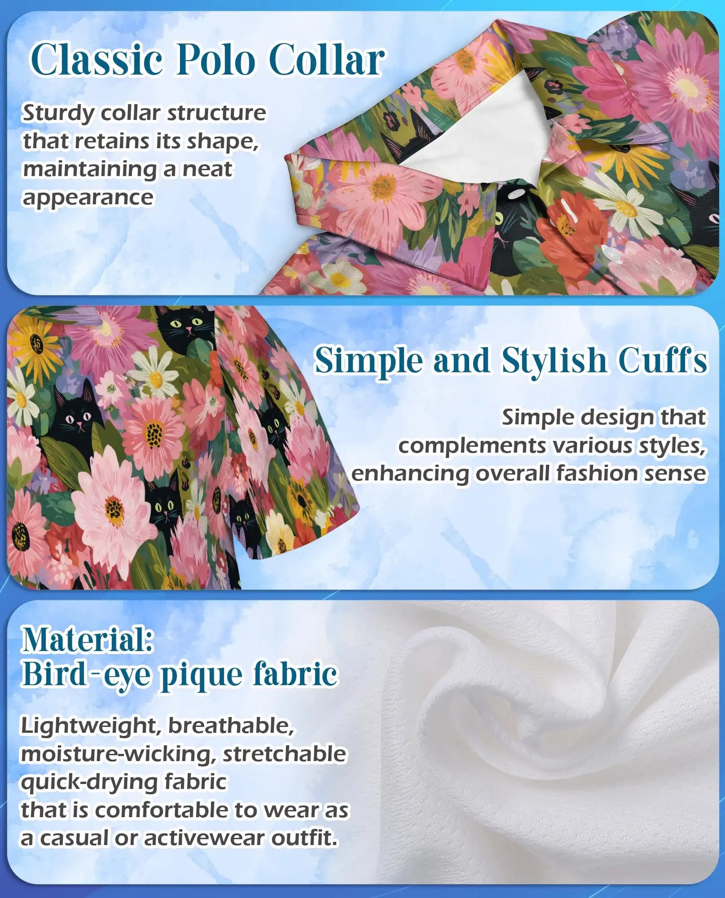 Black Cat Floral Polo Shirt - Colorful Garden Kitty Style | Azhawaiian