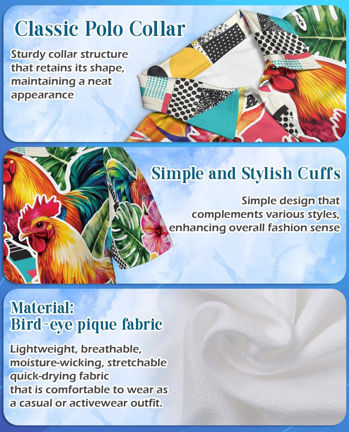 Tropical Rooster Polo Shirt for Men, Colorful Farm Animal Style | Azhawaiian