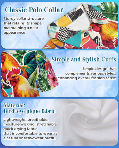 Tropical Rooster Polo Shirt for Men, Colorful Farm Animal Style | Azhawaiian