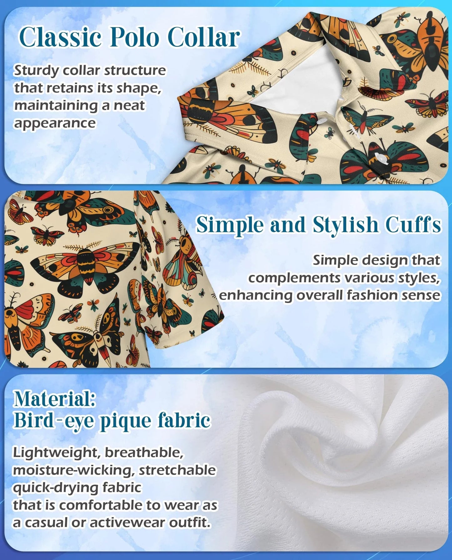 Vintage Butterfly Pattern Polo Shirt for Men, Retro Floral Nature Style | Azhawaiian