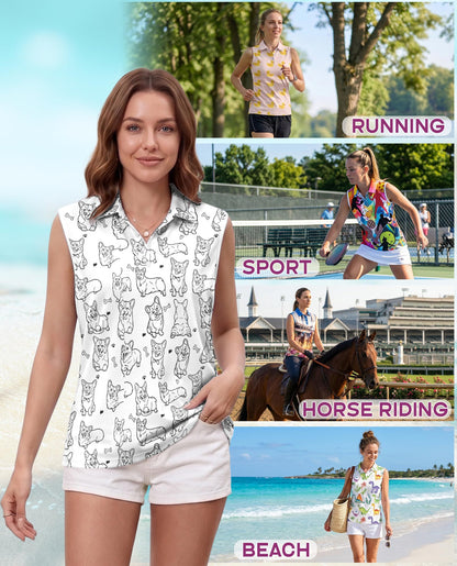 Corgi Pattern Sleeveless Polo Shirt for Women | Azhawaiian
