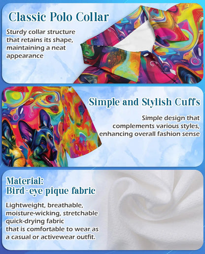 Psychedelic German Shepherd 3D Polo Shirt for Men, Colorful Dog Lover Art Style | Azhawaiian