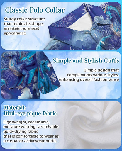 Blue Ice Dragon Polo Shirt for Men, Winter Fantasy Design | Azhawaiian