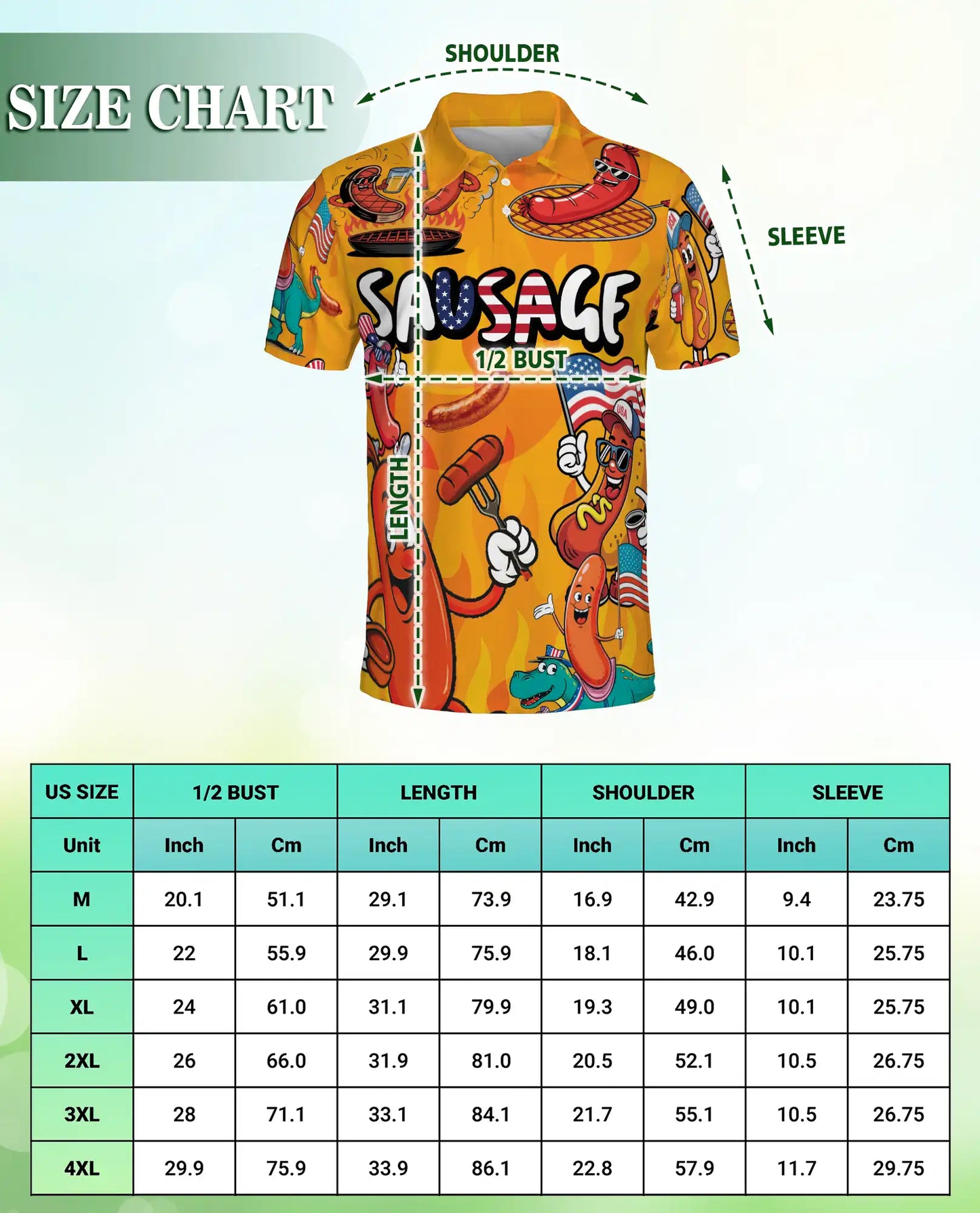 Funny Sausage Polo Shirt, Patriotic BBQ Cartoon Print | Azhawaiian