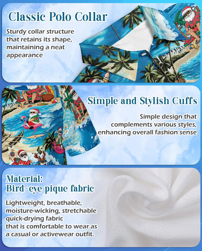 Surfing Santa 3D Polo Shirt for Men, Tropical Christmas Beach Style | Azhawaiian