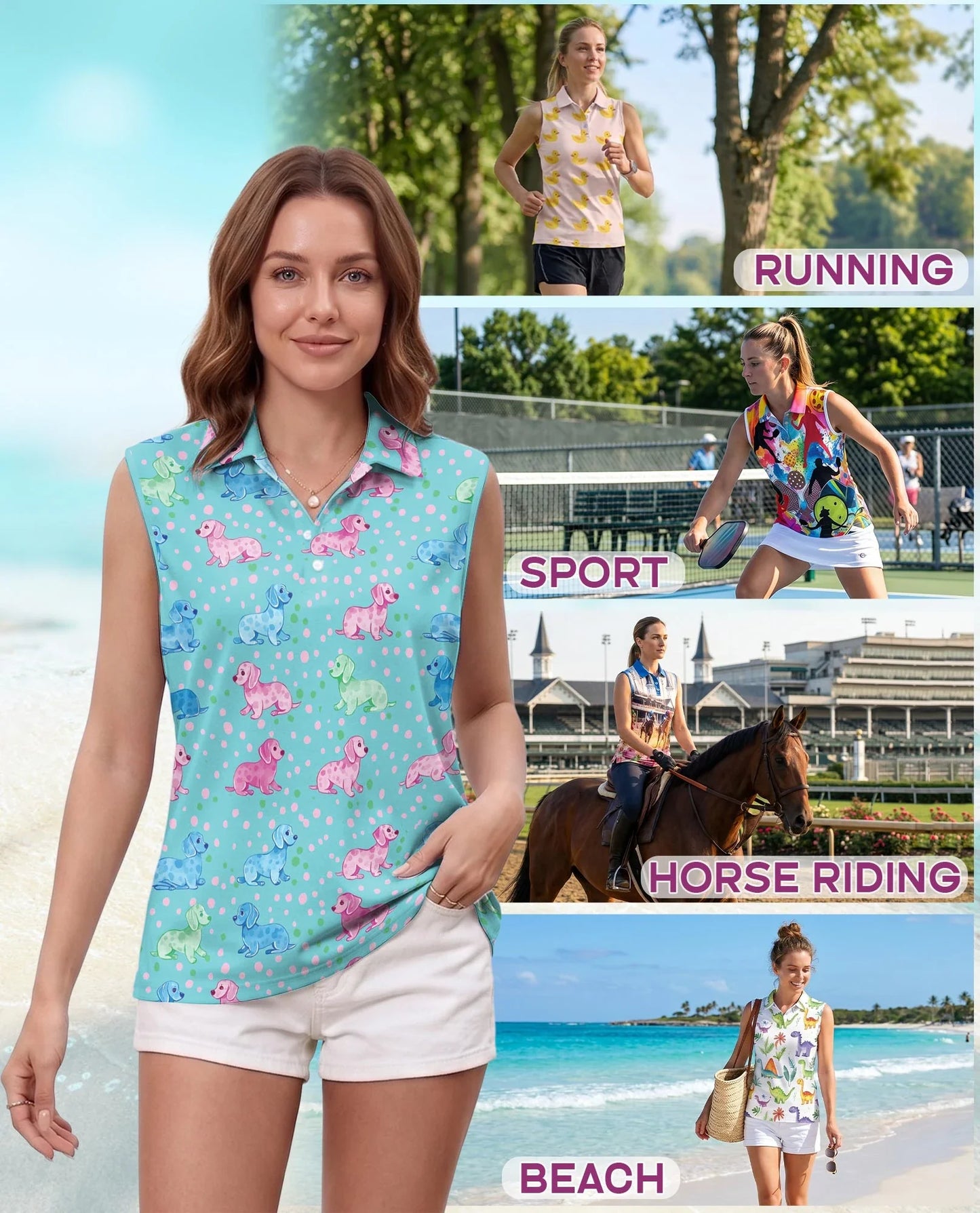 Dachshund Sleeveless Polo Shirt for Women