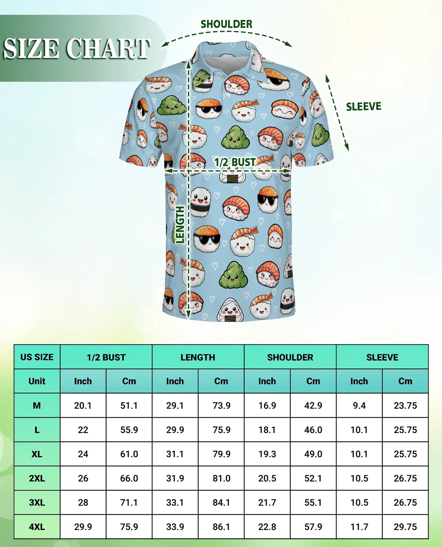 Cute Sushi Polo Shirt, Kawaii Food Print | Azhawaiian