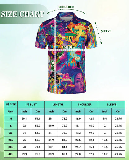 Psychedelic Mushroom Art 3D Polo Shirt for Men, Neon Trippy Fantasy Style | Azhawaiian