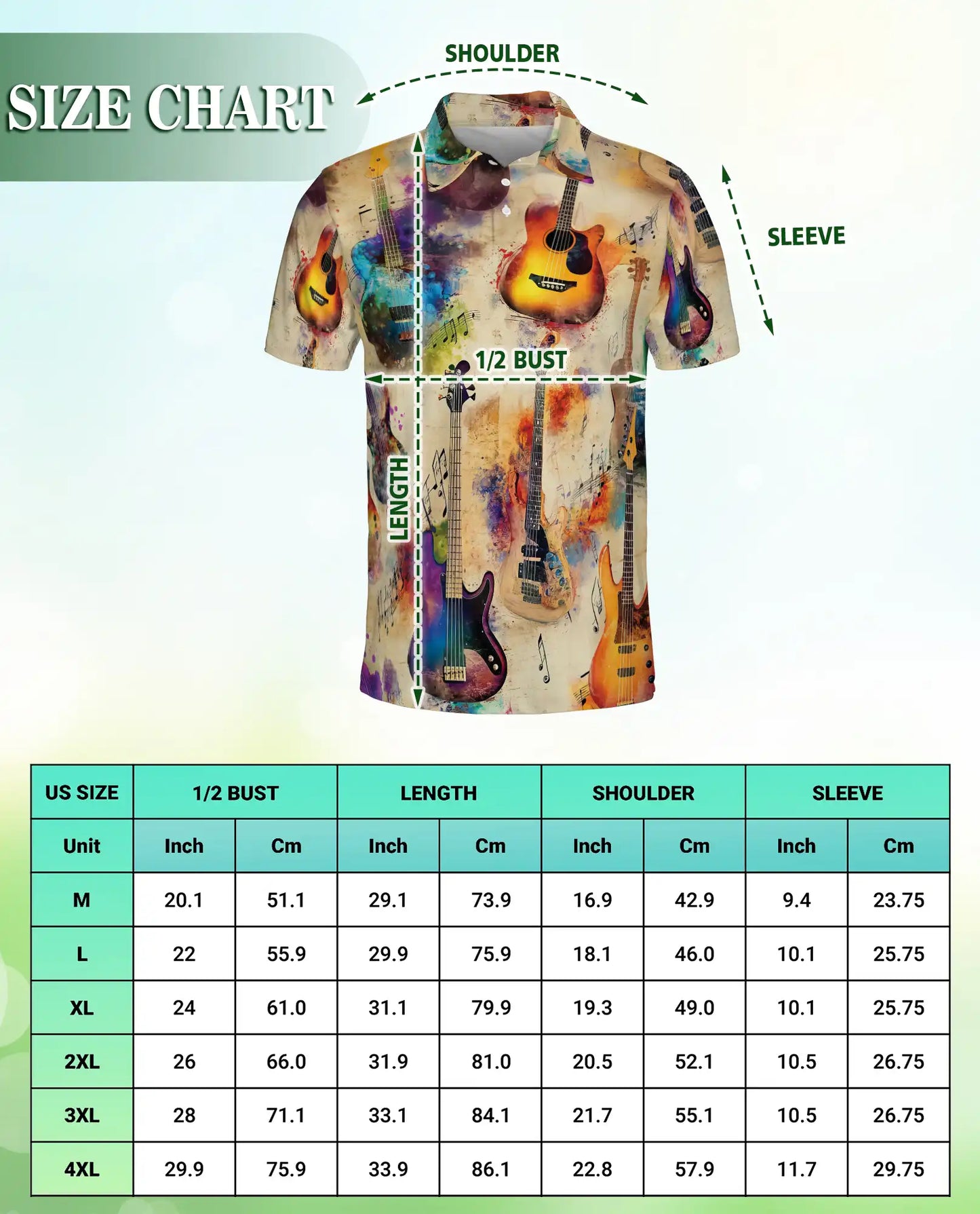 Watercolor Guitar Polo Shirt, Artistic Music Print | Azhawaiian