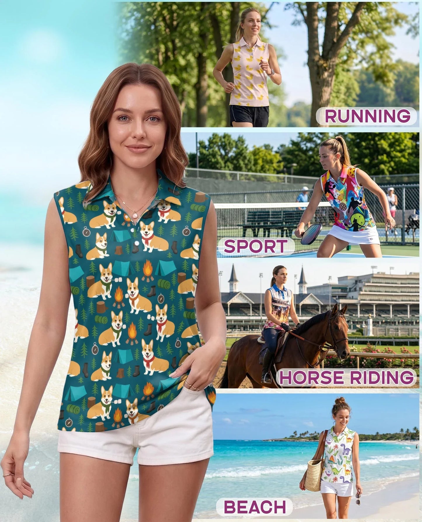 Corgi Camping Sleeveless Polo Shirt for Women, Cute Outdoor Dog Style | Azhawaiian