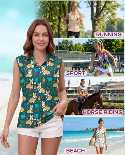 Corgi Camping Sleeveless Polo Shirt for Women, Cute Outdoor Dog Style | Azhawaiian