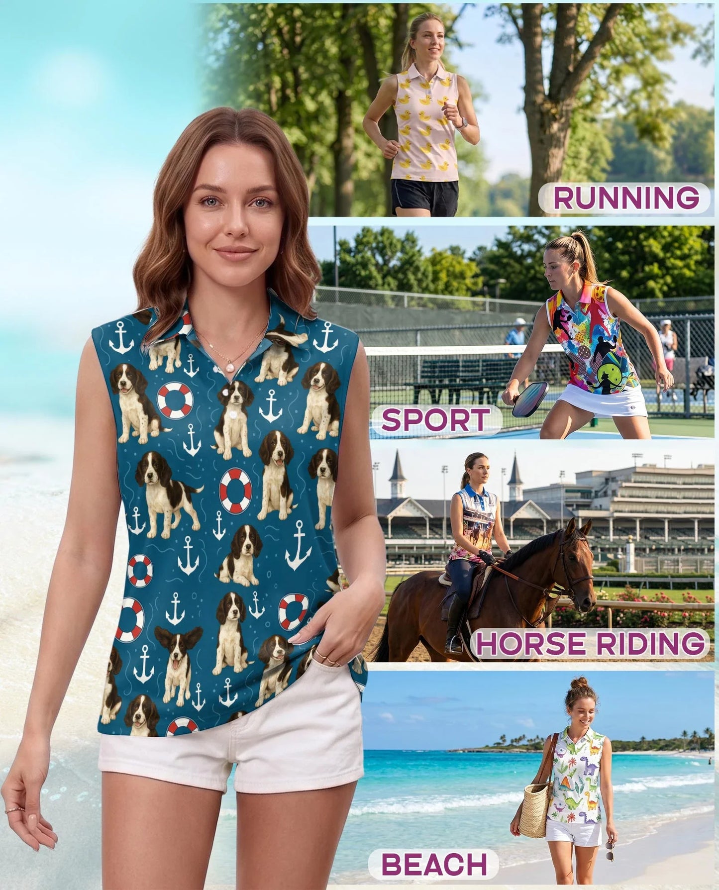 English Springer Spaniel Sleeveless Polo Shirt for Women, Cute Dog Lover Style | Azhawaiian