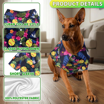 Softball Flower Tropical Print Matching Dog Owner Hawaiian Shirts, Funny Pet Aloha Shirt for Beach Vacation - Azhawaiian