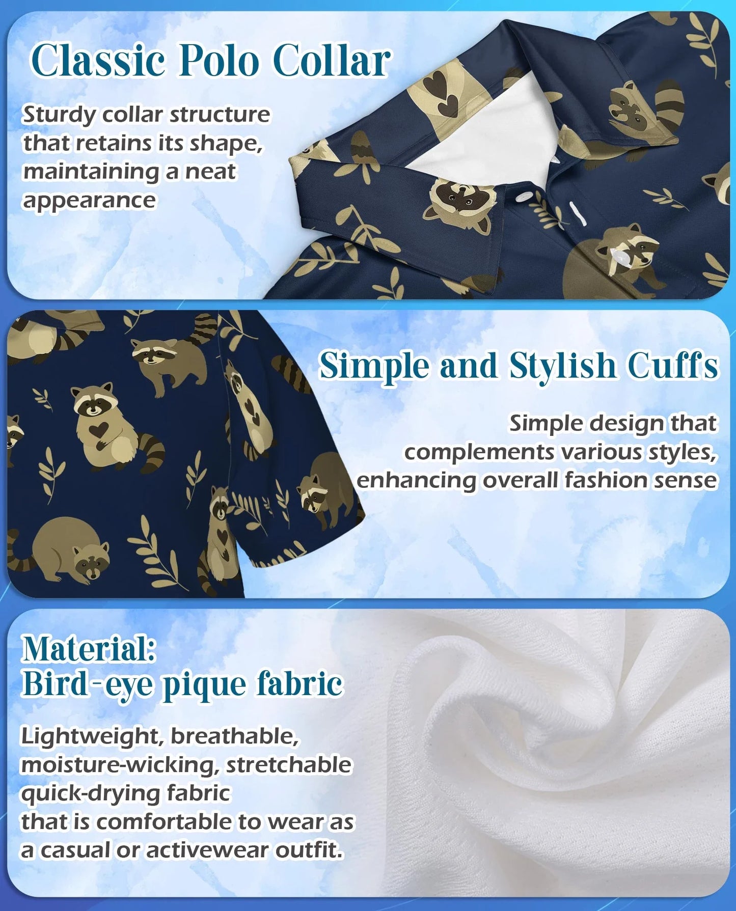 Raccoon Pattern Polo Shirt for Men, Cute Wildlife Animal Style | Azhawaiian