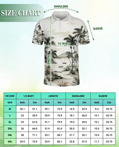 Tropical Landscape 3D Polo Shirt for Men, Vintage Beach Palm Style | Azhawaiian